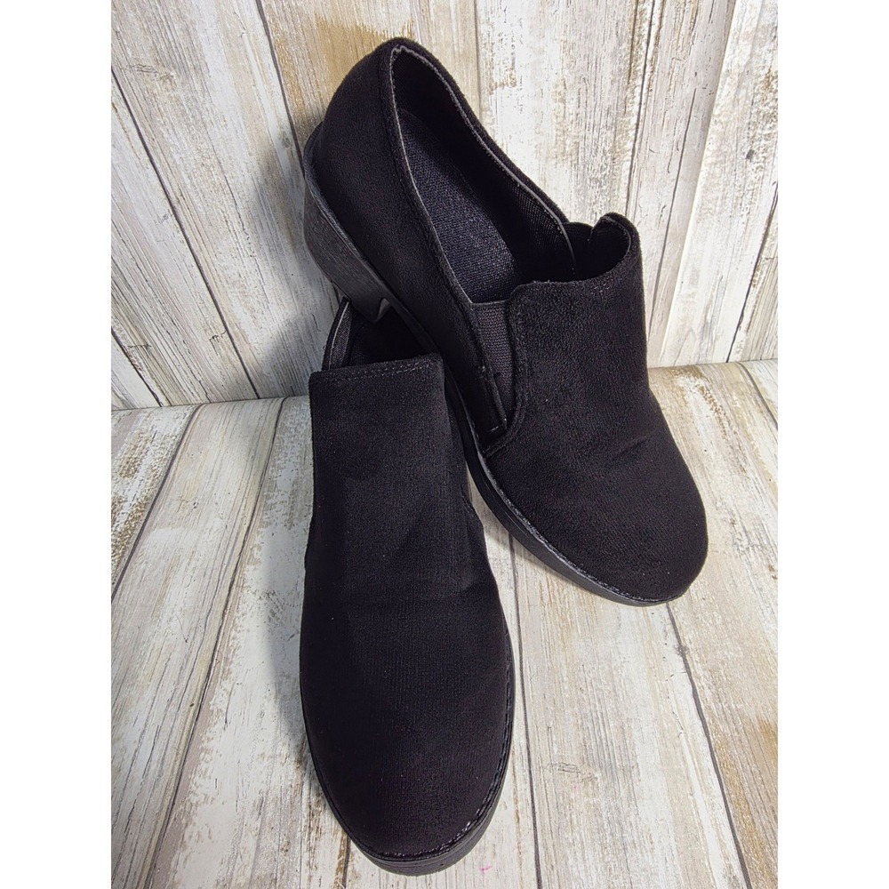 Black Faux Suede Block Heel Slip On Ankle Booties‎ Size 39 Round Toe Shoes - Picture 5 of 7